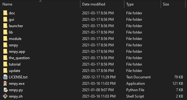 A screenshot of the contents of a Ren'Py installation in the file explorer