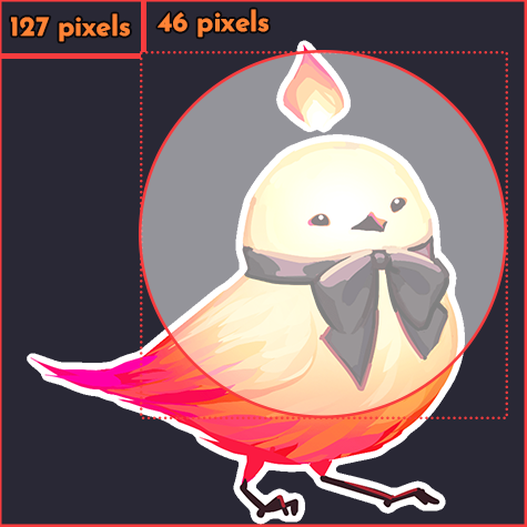An annotated image of the bird with the width from the left edge to the circle mask as 127 pixels and the height from the top edge to the circle mask as 46 pixels