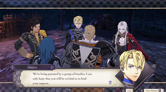 A screenshot from Fire Emblem: Three Houses with a line spoken by Dimitri. An orange diamond outlines a UI element behind Dimitri's head.