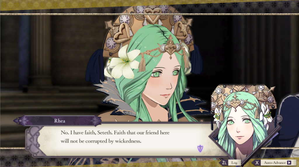 A screenshot from Fire Emblem: Three Houses spoken by Rhea. Her headpiece is cut off at the top in the UI