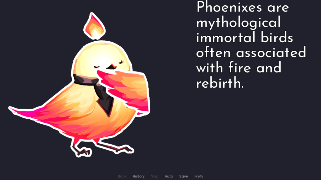 An image of Feniks is to the left of text that reads "Phoenixes are mythological immortal birds often associated with fire and rebirth."