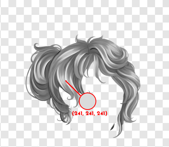 Corvin's grayscale hair on a transparent checkered background with the colour (241, 241, 241) picked out