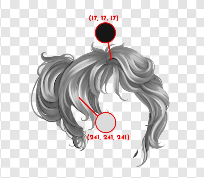 A grayscale image of hair with the swatches (241, 241, 241) and (17, 17, 17) picked out.