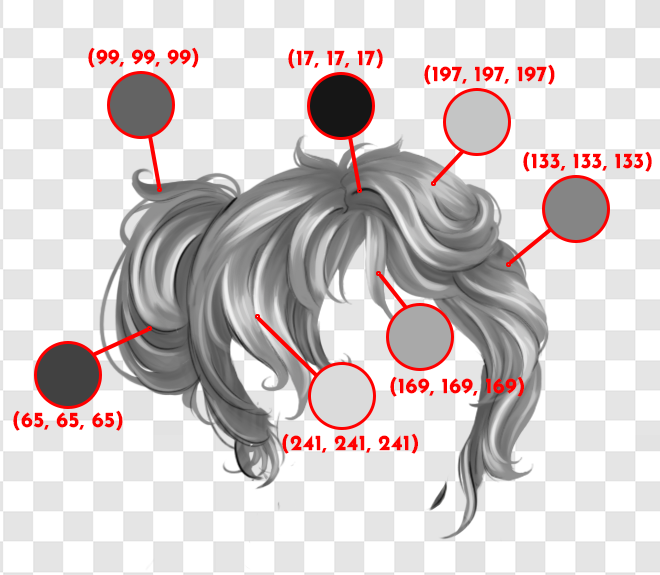 An image of Corvin's grayscale hair base with seven colours for thresholds picked out.