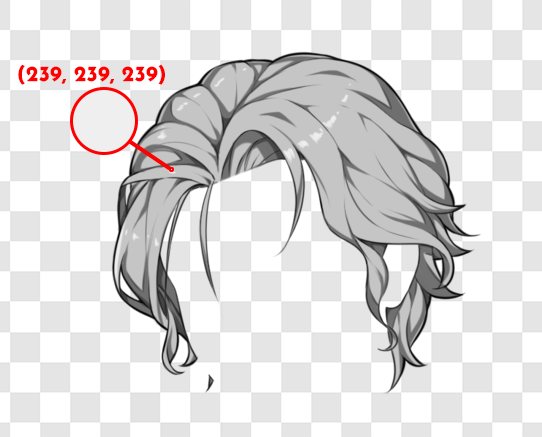 Grayscale hair with the highlight colour picked out. The text reads the RGB values of (239, 239, 239)