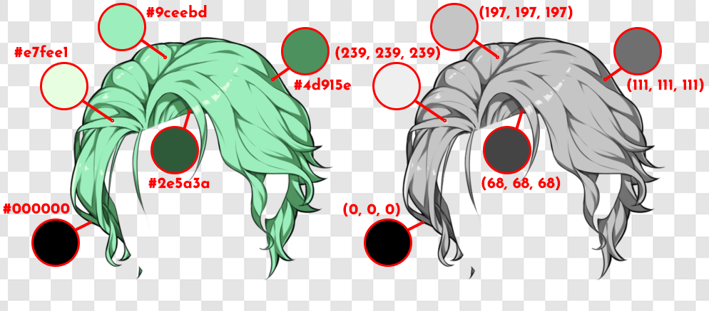 Two side-by-side hair images, the left coloured and the right grayscale. Five colours are chosen from them with the numbers and thresholds. The lightest is #e7fee1 with a threshold of 239, then #9ceebd with a threshold of 197, #4d915e with 111, #2e5a3a with 68, and #000 with 0.