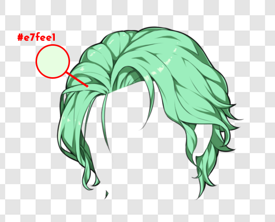 An image of green hair with a colour code picked from the highlights that reads #e7fee1