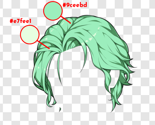 An image of green hair with two colours picked out, the highlight #e7fee1 and the next lightest #9ceebd