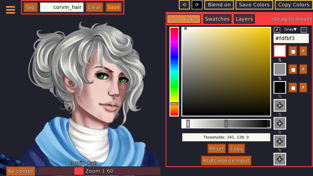 Corvin's grayscale hair with the first colour, #fdfbf3, applied with the threshold 241.