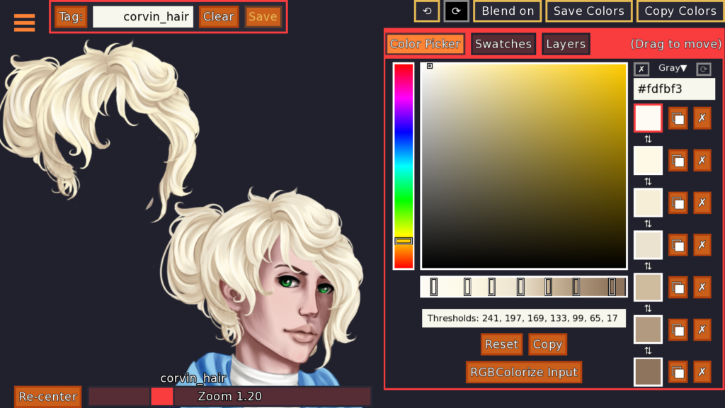 A comparison between the hand-coloured image of Corvin's hair and the engine-recoloured one.