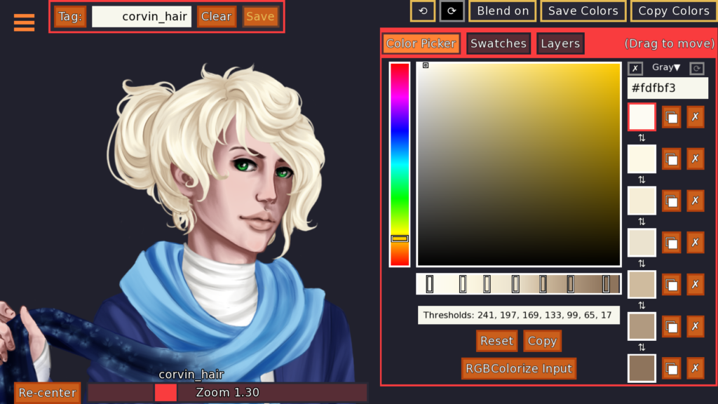 A color picker with seven colours for Corvin's hair chosen, matching his original hair colour.