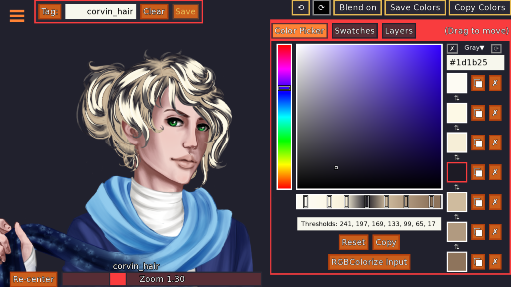 An image of Corvin's hair in the colorize tool with the middlemost of seven swatches set to a blueish gray.