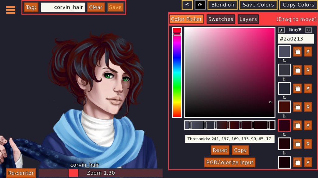 The recolor tool recolouring Corvin's hair with shades of increasingly more purple red for the final 4 colours.