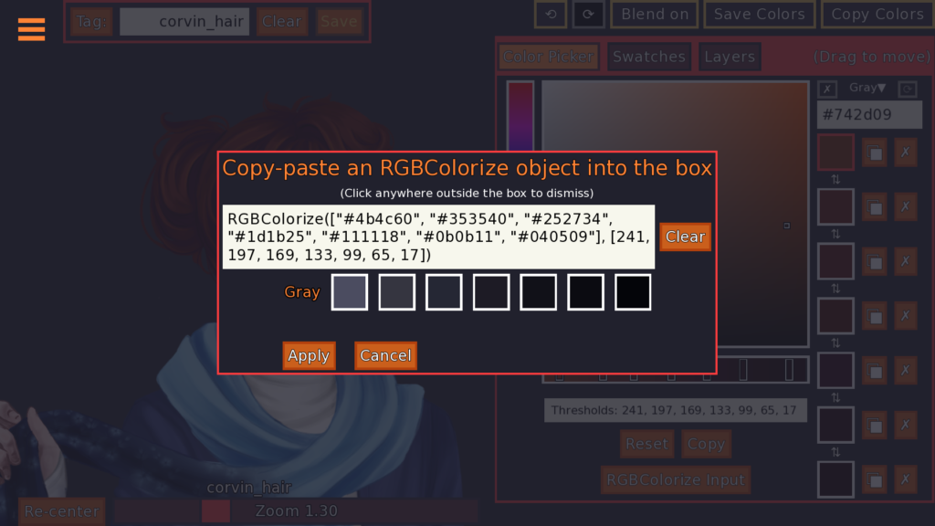 A screenshot of a popup. The title reads "Copy-paste an RGBColorize object into the box" and a subtitle reads "(Click anywhere outside the box to dismiss)". An RGBColorize object has been pasted into the box and a preview of the colours is shown beneath it, with "Apply" and "Cancel" buttons.