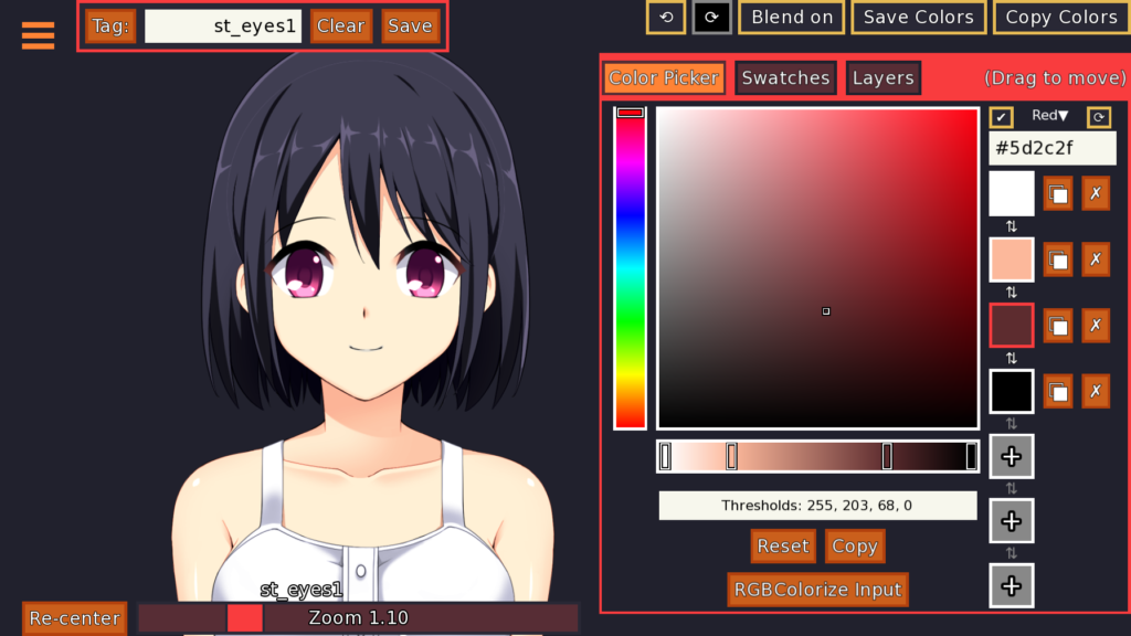 A screenshot of the colorize tool on the red colour set with the skin shading colours picked out.