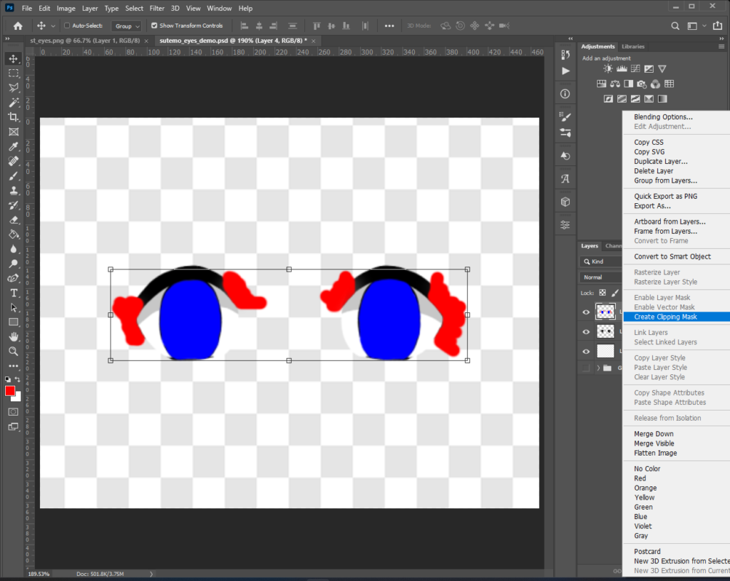 A screenshot of photoshop with a dropdown showing next to the layer with blue and red. The option "Create Clipping Mask" is highlighted
