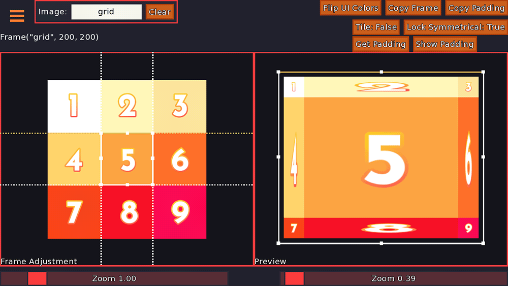 A gif plays. There is a 3x3 grid on the left. On the right, the first frame shows the grid with the middle 5 squares stretched out. The second frame shows the squares tiled to fill the space. The final frame shows the squares tiled so all tiles are the same size.