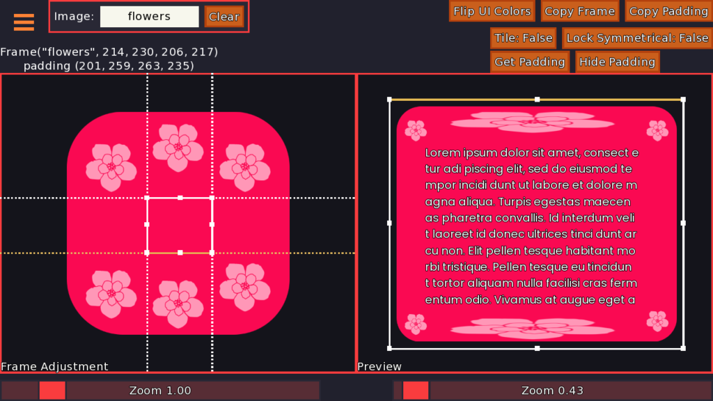 A floral frame is shown on the right with text. The left shows a smaller rounded square the frame is constructed from.