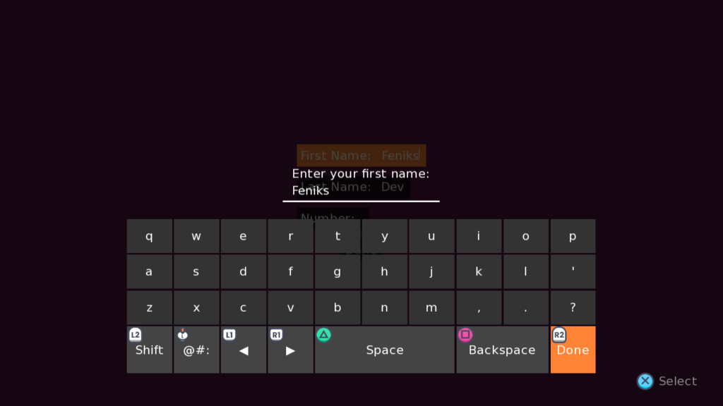 A virtual keyboard is on-screen with the prompt "Enter your first name:". It is filled out with the name "Feniks".