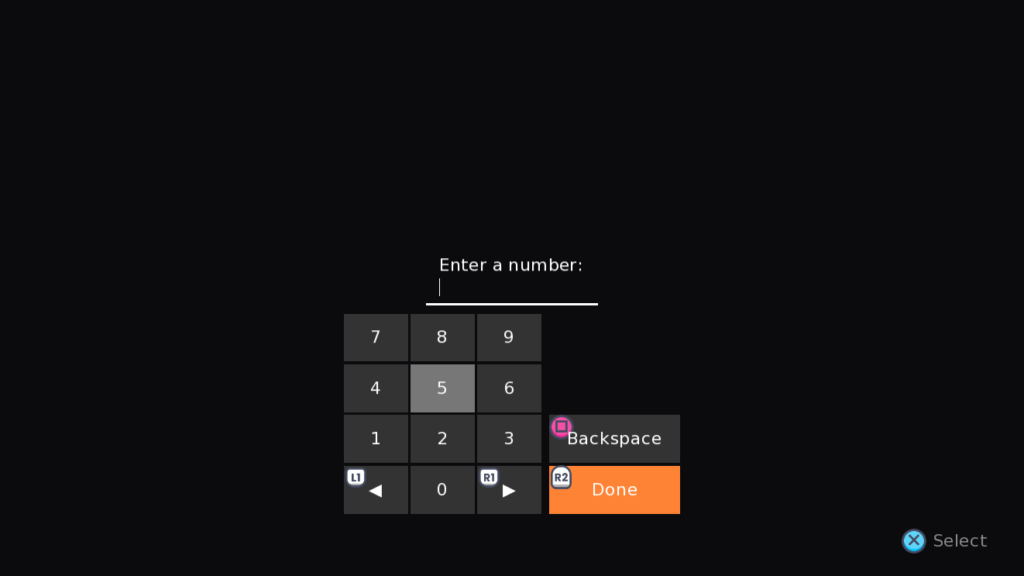 A screenshot of a game with a virtual numpad on the screen. It has numbers from 0-9, arrows to adjust the position of the caret, backspace, and done buttons. Text above the numpad reads "Enter a number:"