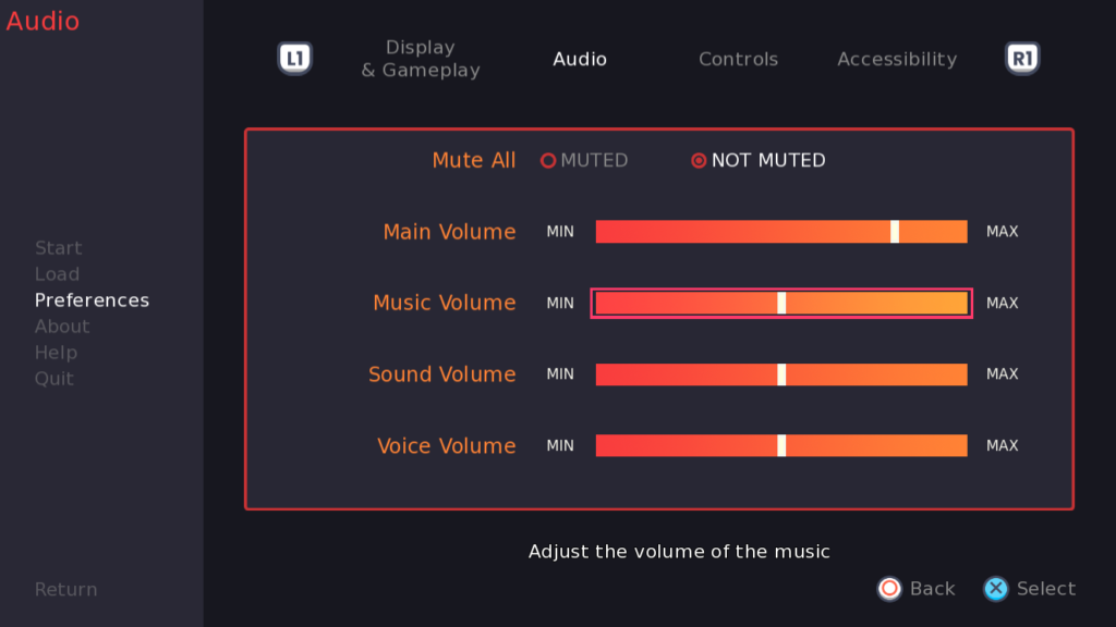 A preferences screen is shown, with the Audio tab selected. Several volume control bars are arranged in a column.