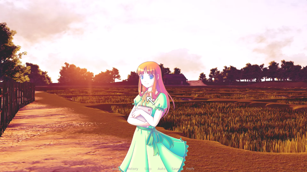 An image of a rice field at sunset. The character Sylvie is centered at the bottom of the screen. An arrow, the virtual cursor, points to the ribbon around her neck and causes her image to be highlighted.