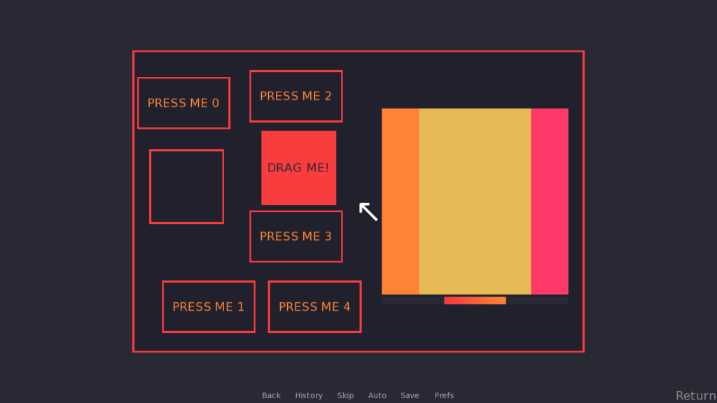 A screenshot of a game. A virtual cursor arrow is in the center of the screen. There are 5 numbered "PRESS ME" buttons and a viewport to the right with a scroll bar below it. Another square has the text DRAG ME next to an outline of a space to drop it.
