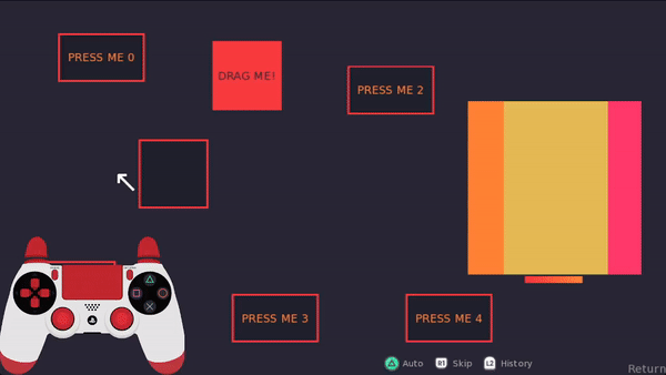 A gif showing the controller being used with the virtual cursor to press a button and move a draggable square onto a drop location.