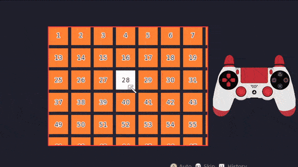 A grid of numbers is scrolled with the left controller stick navigating a virtual cursor. The cursor goes all the way to the bottom.