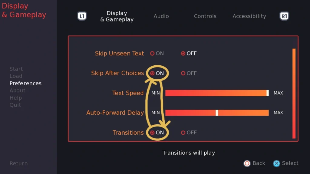 A screenshot of a settings screen. The settings are arranged in two columns with the title on the left and ON/OFF toggles and sliders on the right. Arrows are drawn between the ON toggle for Skip After Choices and the ON toggle for Transitions. This relationship skips over the Text Speed and Auto-Forward Delay bars.