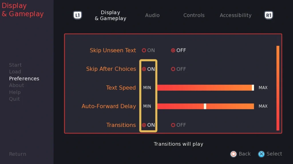 A screenshot of a settings screen. The settings are arranged in two columns with the title on the left and ON/OFF toggles and sliders on the right. A yellow rectangle is drawn such that the alignment between two ON buttons can be seen. The ON buttons do not overlap with the two bars between them.