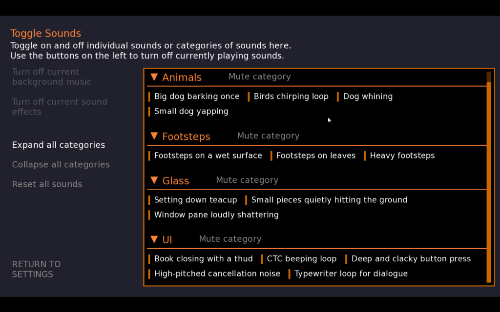 An example screenshot of the Sound Disabler and Captions Tool. It has categories for Animals, Footsteps, Glass, and UI sounds.