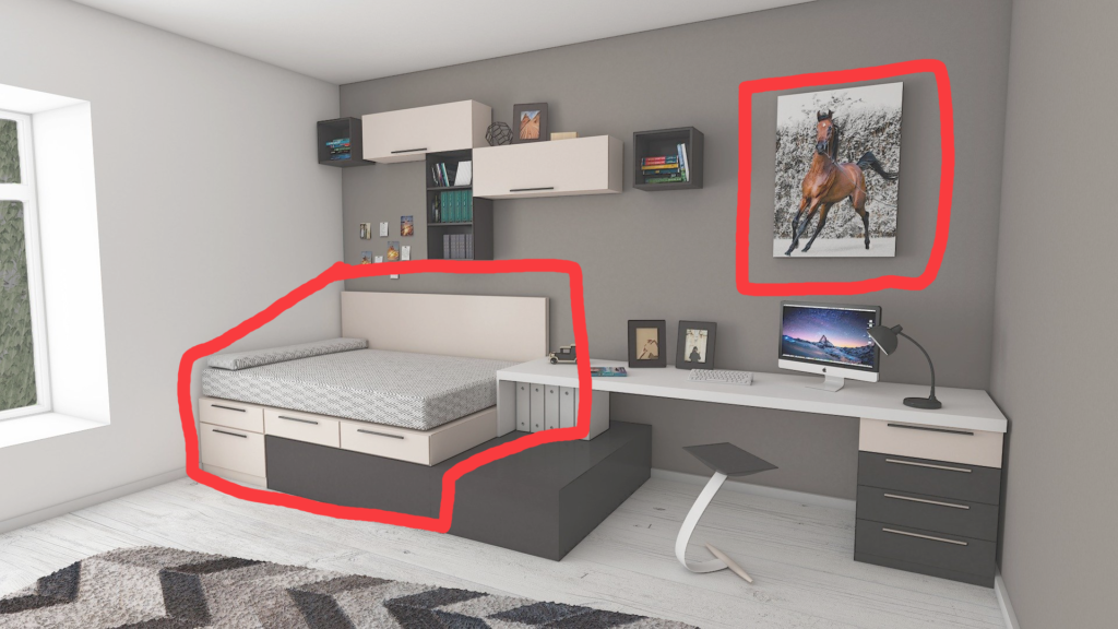 An image of a bedroom. The bed on the left and horse image on the right are highlighted in red.