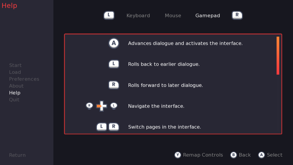 The help screen for gamepads. It shows various keyboard shortcuts. There is a L and R icon to switch Help pages, and a Back and Select icon in the bottom right corner.