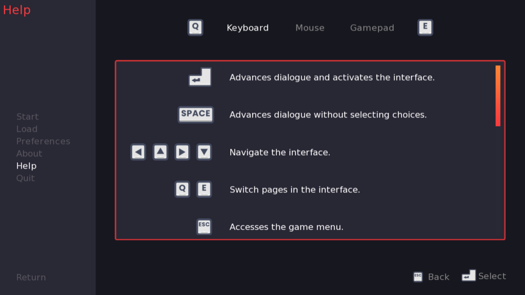 The help screen for keyboards. It shows various keyboard shortcuts. There is a Q and E icon to switch Help pages, and a Back and Select icon in the bottom right corner.