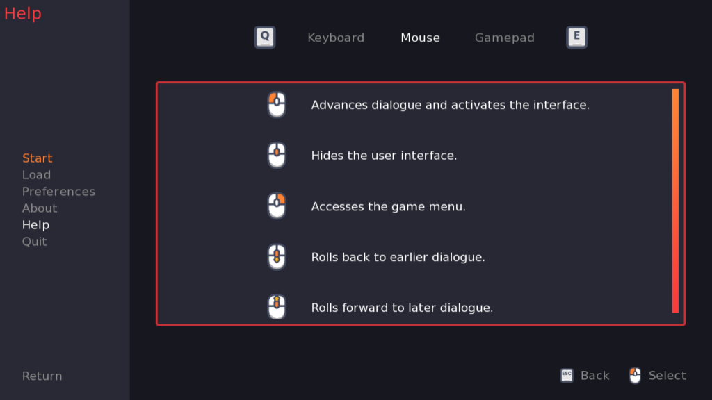 The help screen for the mouse. It shows various keyboard shortcuts. There is a Q and E icon to switch Help pages, and a Back and Select icon in the bottom right corner.