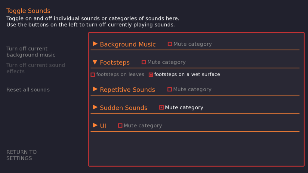 A screenshot of a page to toggle in-game sounds on and off. There are several categories - Background Music, Footsteps, Repetitive Sounds, Sudden Sounds, and UI. The Footsteps category is open with the sound footsteps on leaves turned off and the sound footsteps on a wet surface checked.